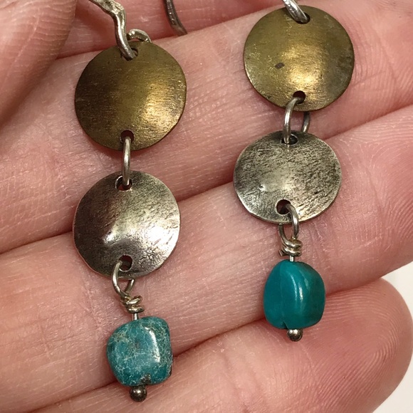 Signed Silpada Sterling Silver Brass Drop Disk Brutalist Turquoise Earrings 925 - Picture 9 of 14